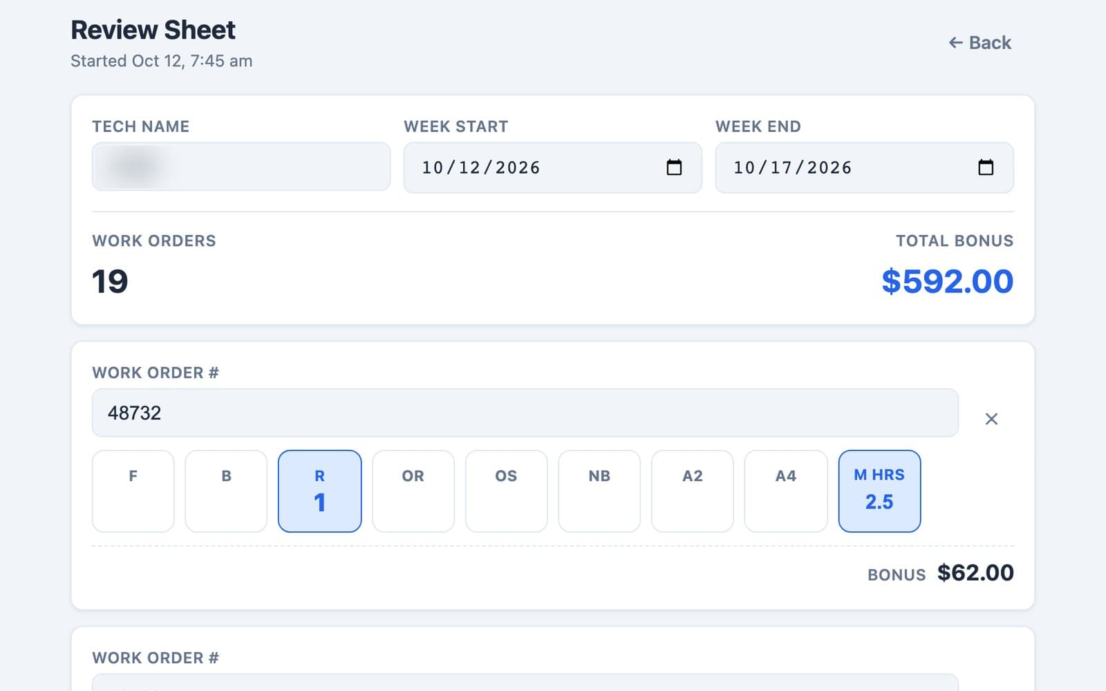 Technician bonus tracker: a manager reviewing a tech's week, with the jobs tapped on each work order and the bonus totaled. Tech name blurred