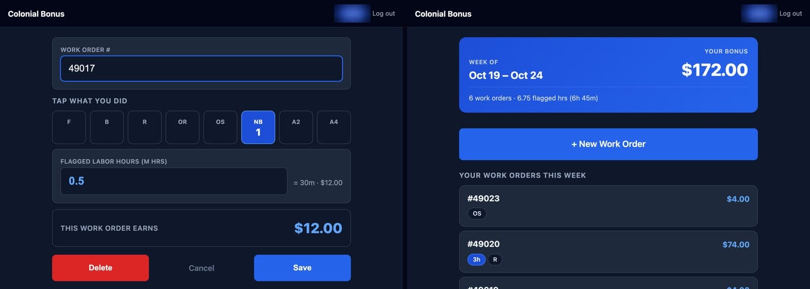Technician bonus tracker on the shop tablet: a tech taps the jobs on a work order, and their week's running bonus. Tech name blurred