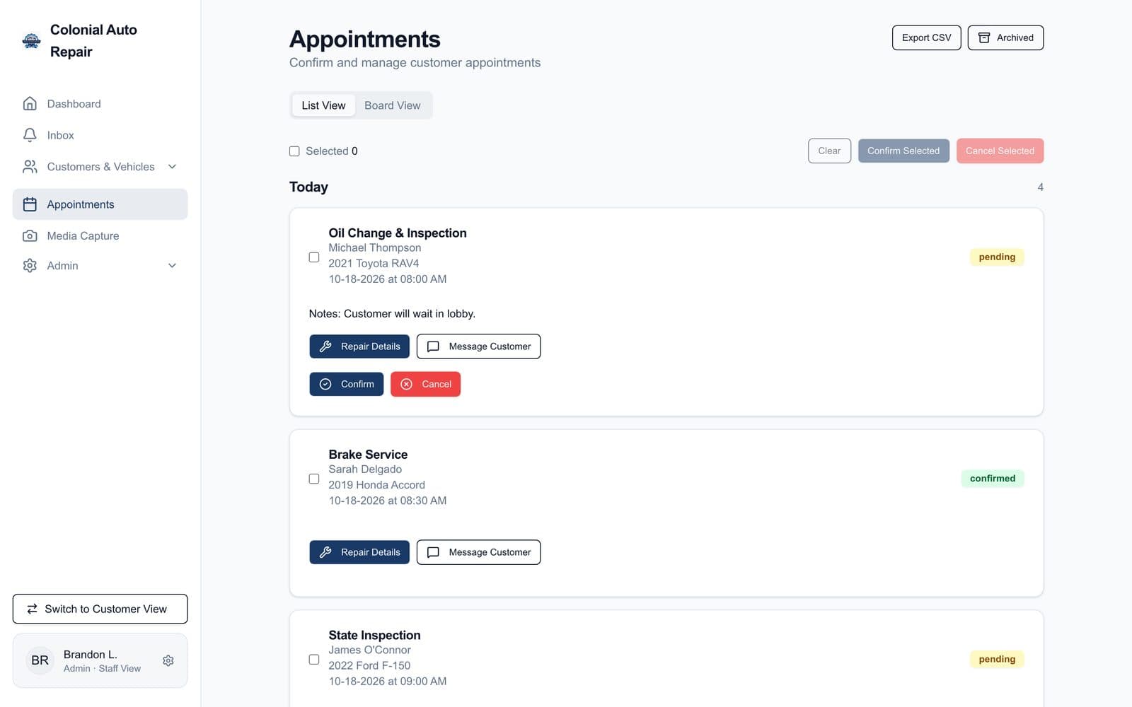Colonial Auto Repair staff portal: today's appointments with service, customer, vehicle, and time, each to confirm, cancel, or message