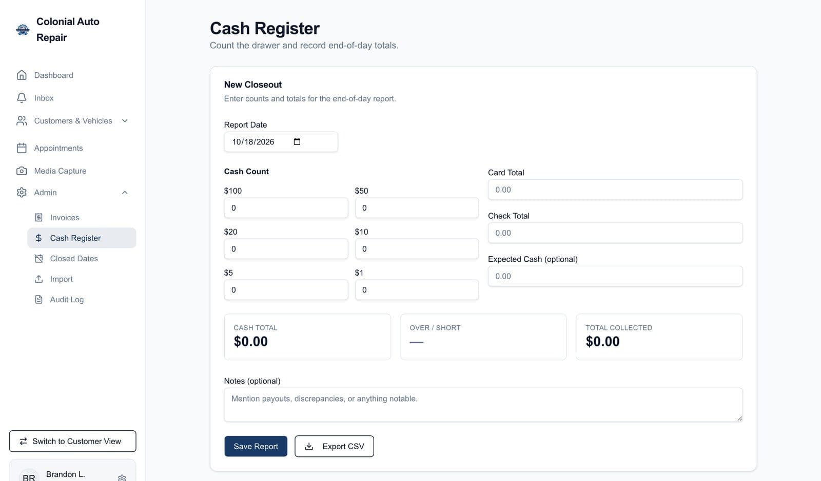 Colonial Auto Repair cash register closeout: bill counts, card and check totals, and over or short for the end-of-day report