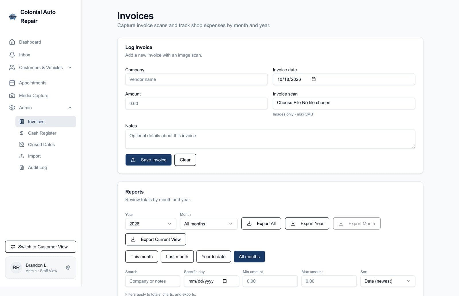 Colonial Auto Repair staff portal: log a vendor invoice with a photo of it, then review and export expenses by month or year