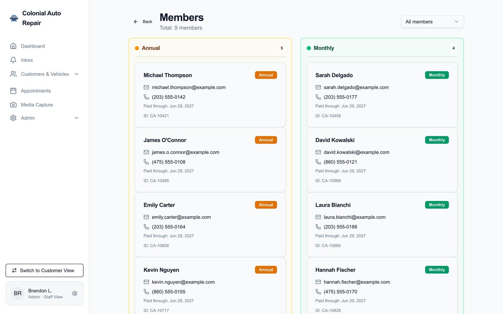 Colonial Auto Repair staff portal: members split into annual and monthly, each with contact details, paid-through date, and member ID (test customers)