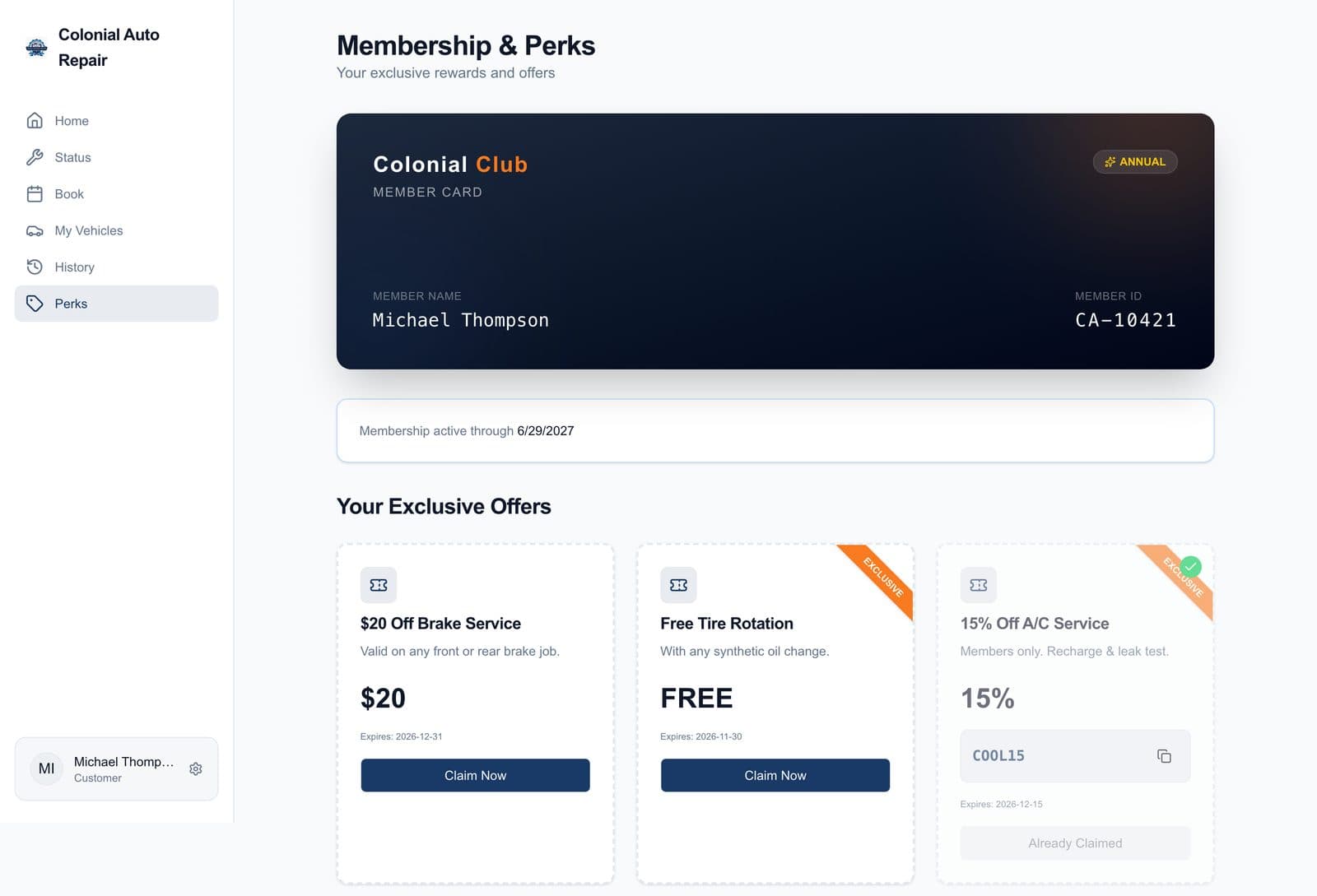 Colonial Auto Repair customer portal: a Colonial Club member card and member-only offers to claim
