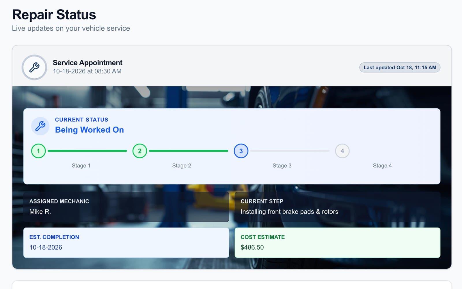 Colonial Auto Repair customer portal: live repair status with stage tracker, assigned mechanic, current step, and cost estimate