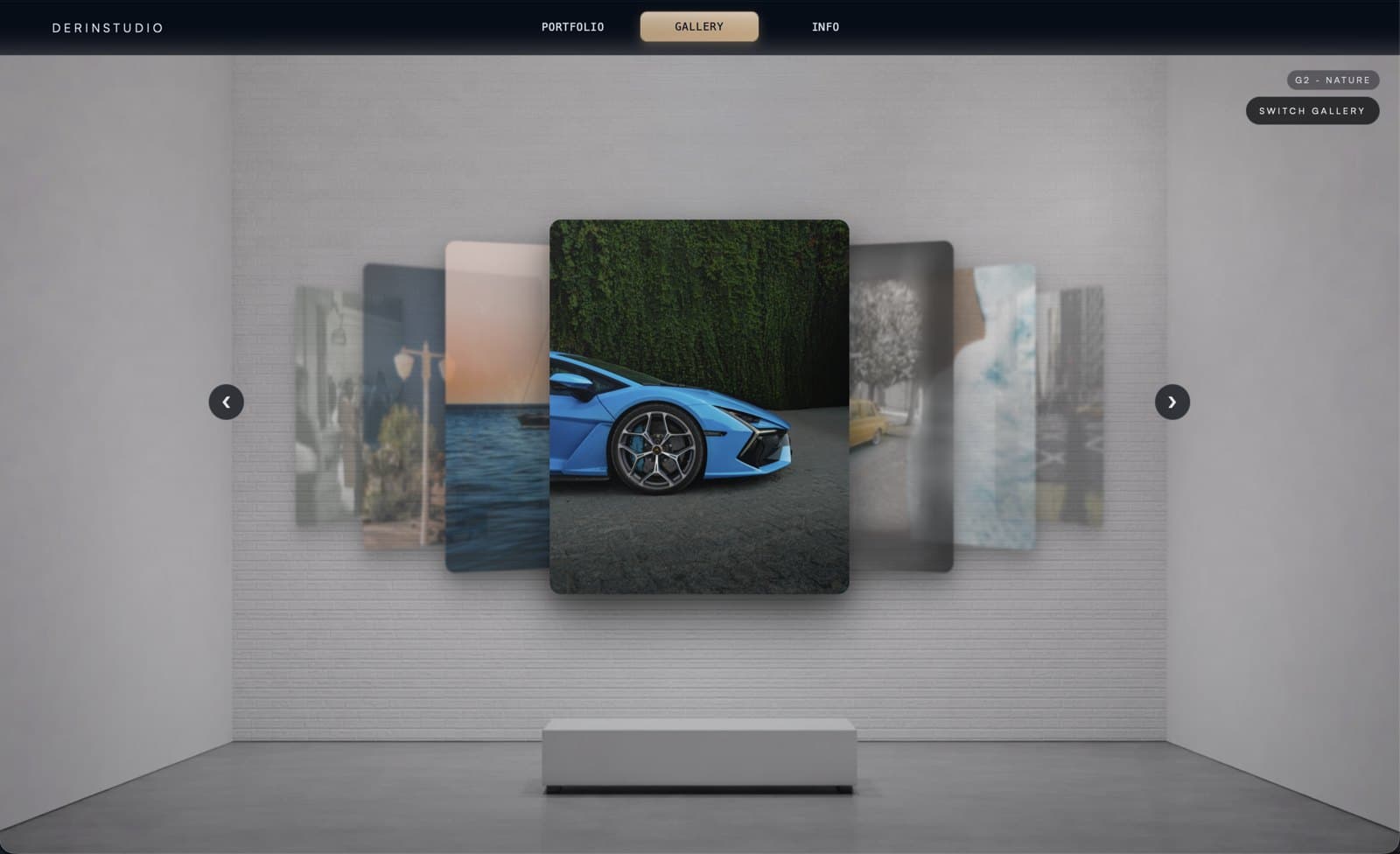 DerinStudio gallery wall: an interactive room for browsing the portfolio, with a featured photo on the wall