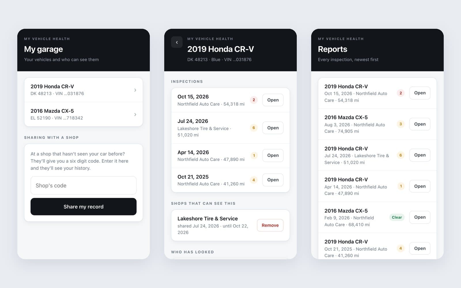 My Vehicle Health owner portal: the customer's garage, a vehicle's inspections and the shops that can see them, and every report
