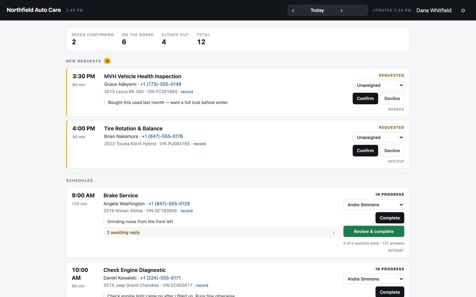 My Vehicle Health shop board: new requests to confirm or decline, and scheduled jobs with tech, status, and replies waiting