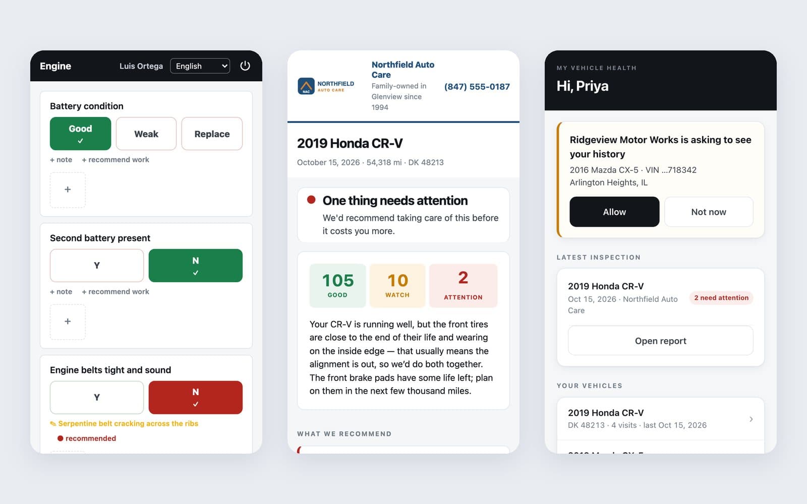 My Vehicle Health on a phone: a tech's engine checklist, the customer's report, and the owner's portal