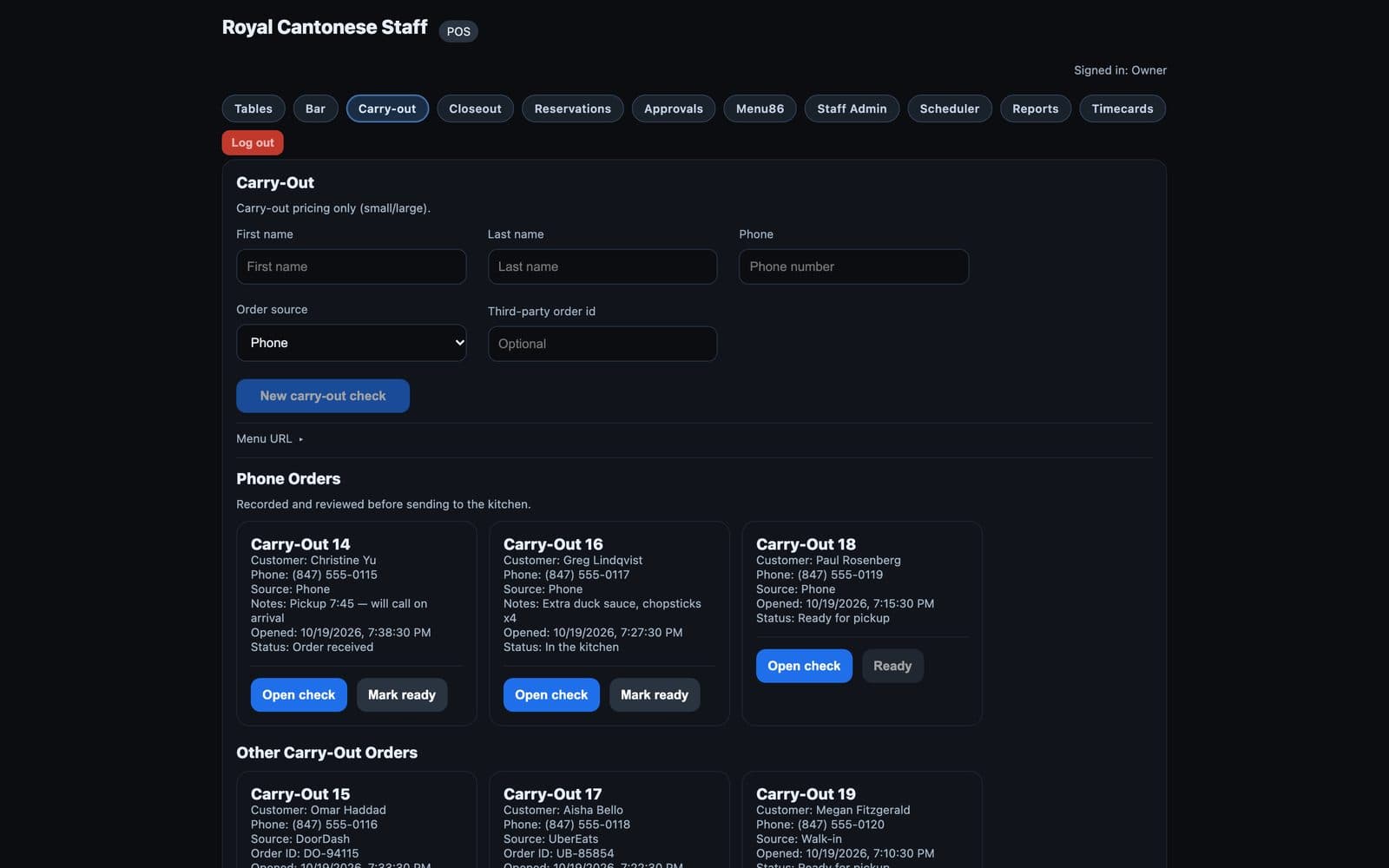 Royal Cantonese carry-out screen: phone orders waiting for staff review, and DoorDash, Uber Eats, and walk-in orders below