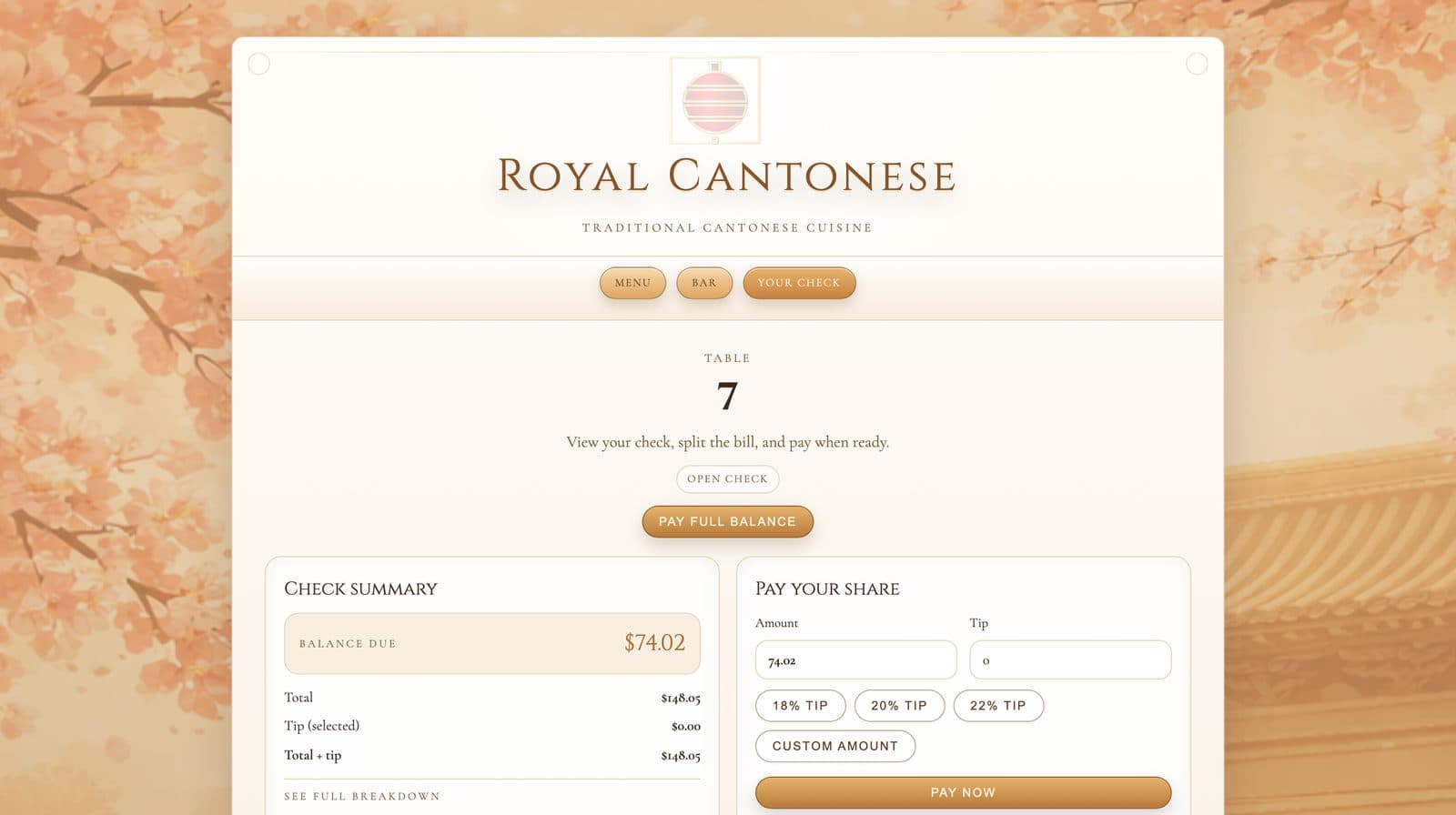 Royal Cantonese guest checkout: a table check with balance due, pay your share, and tip buttons