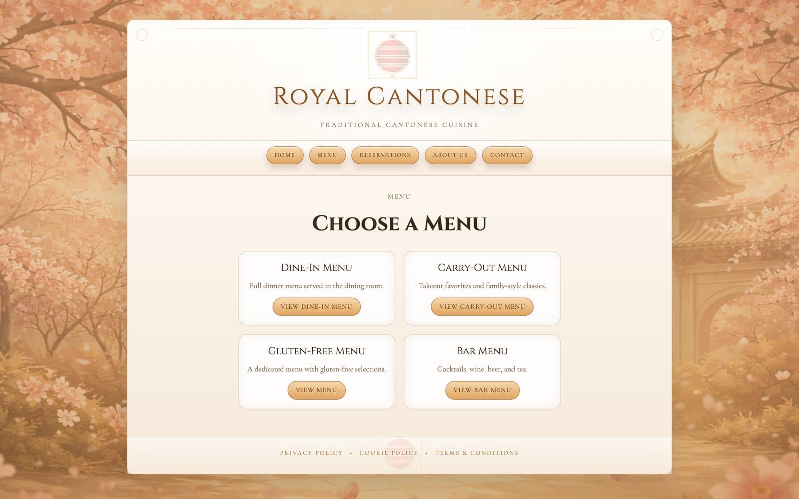 Royal Cantonese website: choose a menu, with dine-in, carry-out, gluten-free, and bar menus