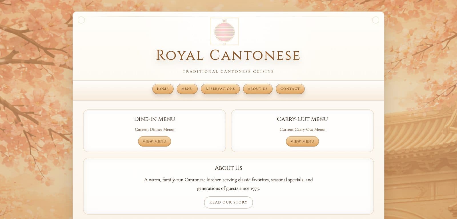 Royal Cantonese website: dine-in and carry-out menus, reservations, and the family story under a cherry blossom header