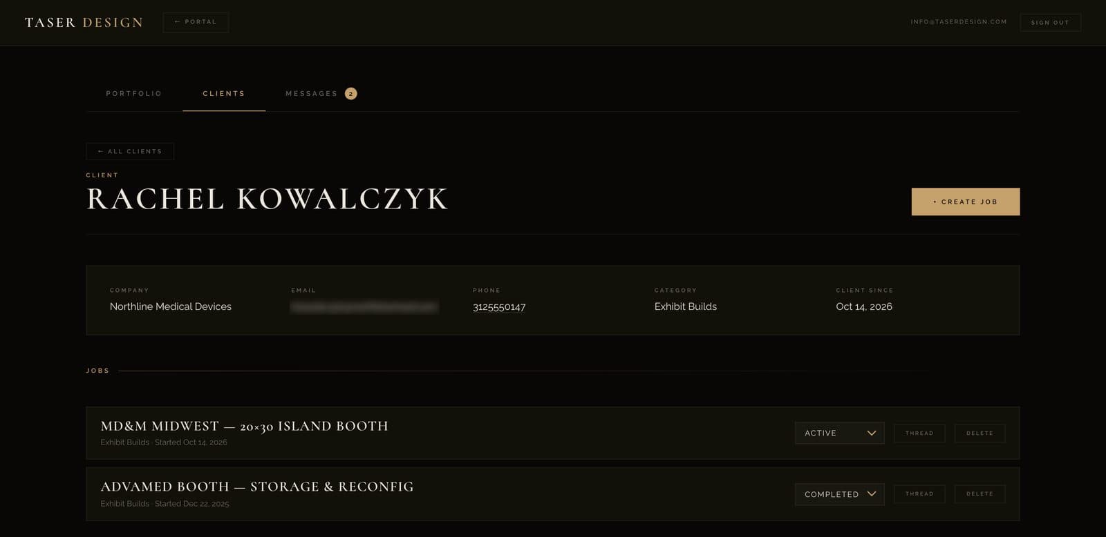 TaserDesigns customer record: company, contact details, category, and the customer's active and completed jobs