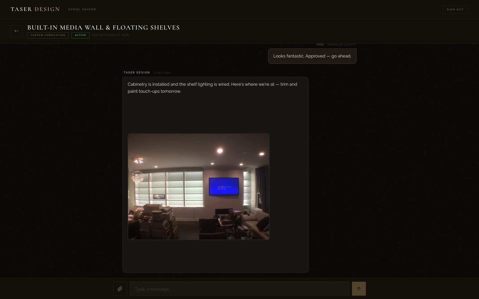 TaserDesigns client portal: a project thread where the shop posts an install photo and the customer approves the work