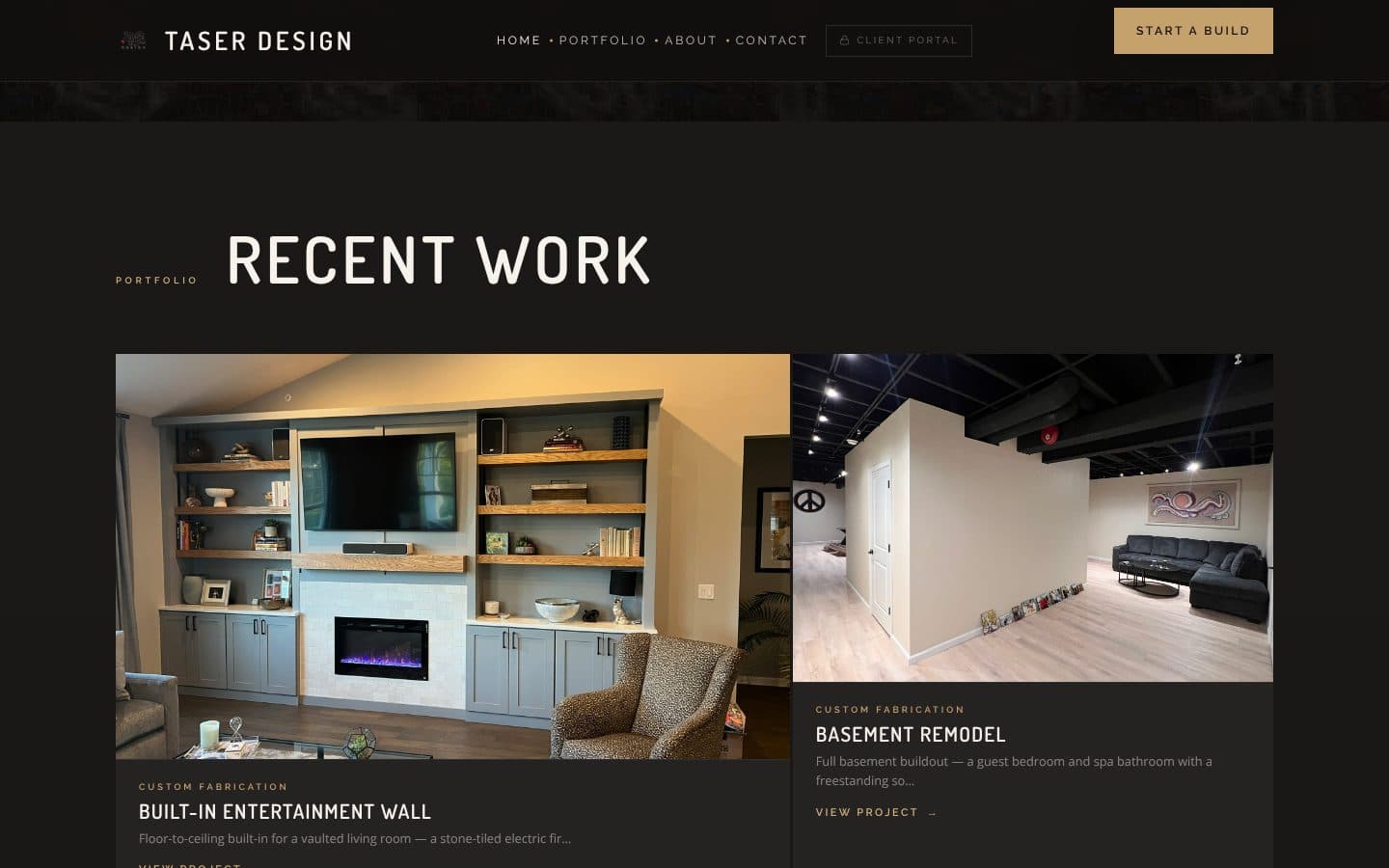 TaserDesigns portfolio section showing a built-in entertainment wall and a basement remodel