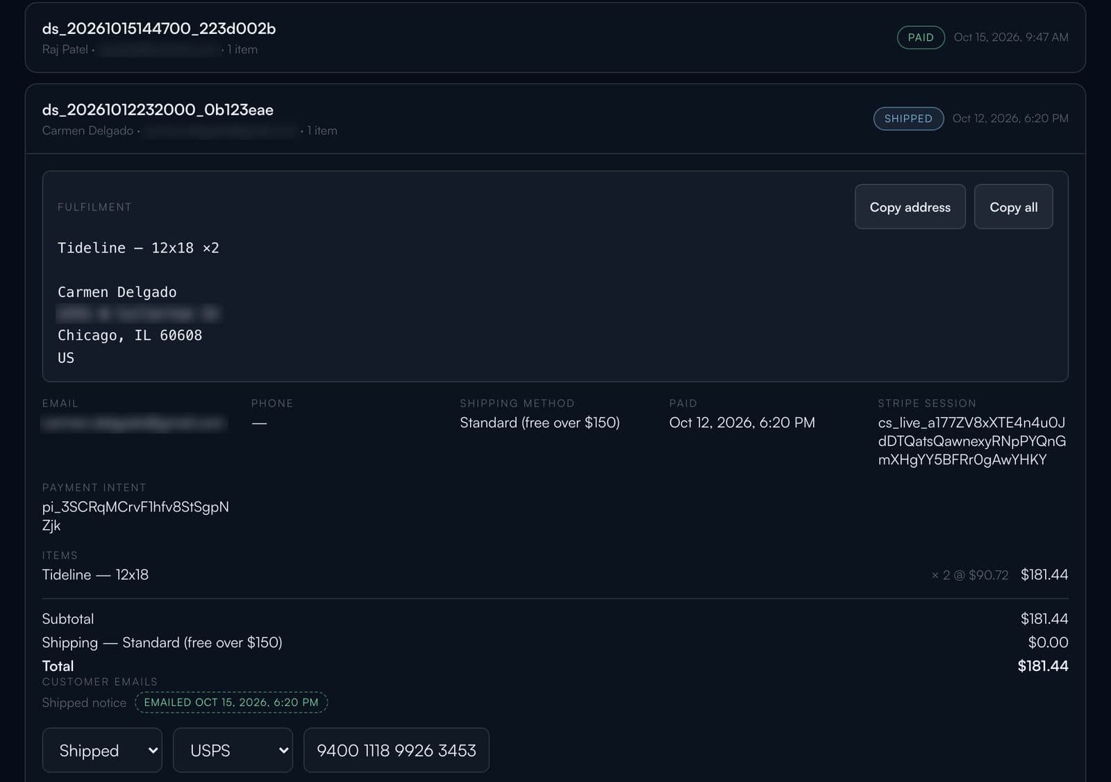 DerinStudio print order: fulfilment details to copy, Stripe payment, totals, the automatic shipped email, and USPS tracking