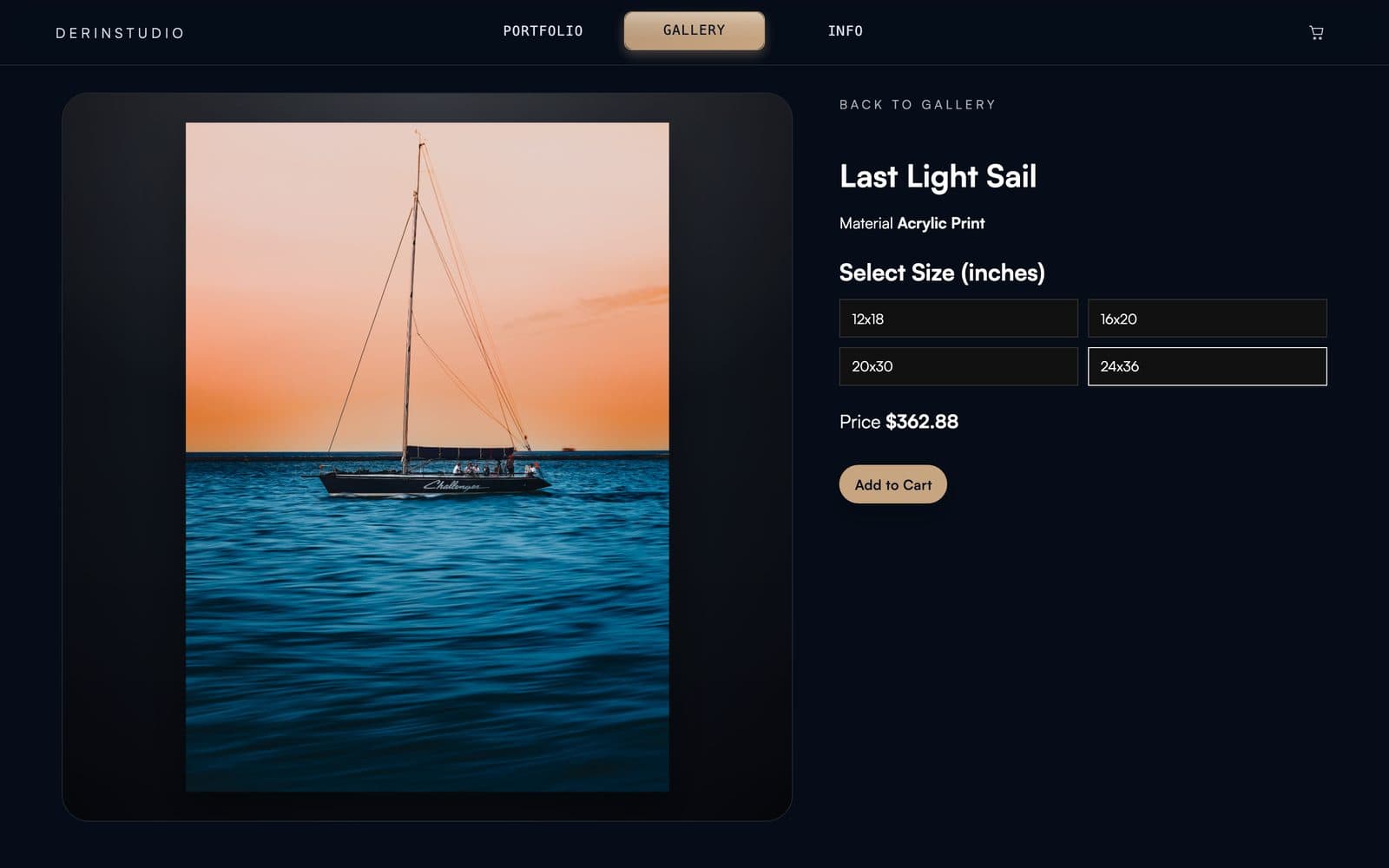 DerinStudio print page: a sailboat photo sold as an acrylic print, with four sizes and the price for the selected size